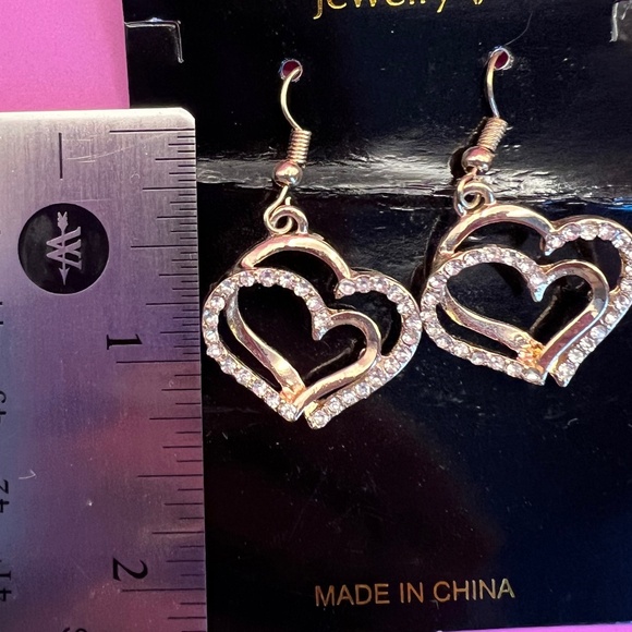 NWOT Gold Tone Double Hearts with Rhinestones Hanging Fashion Earrings - Picture 2 of 3